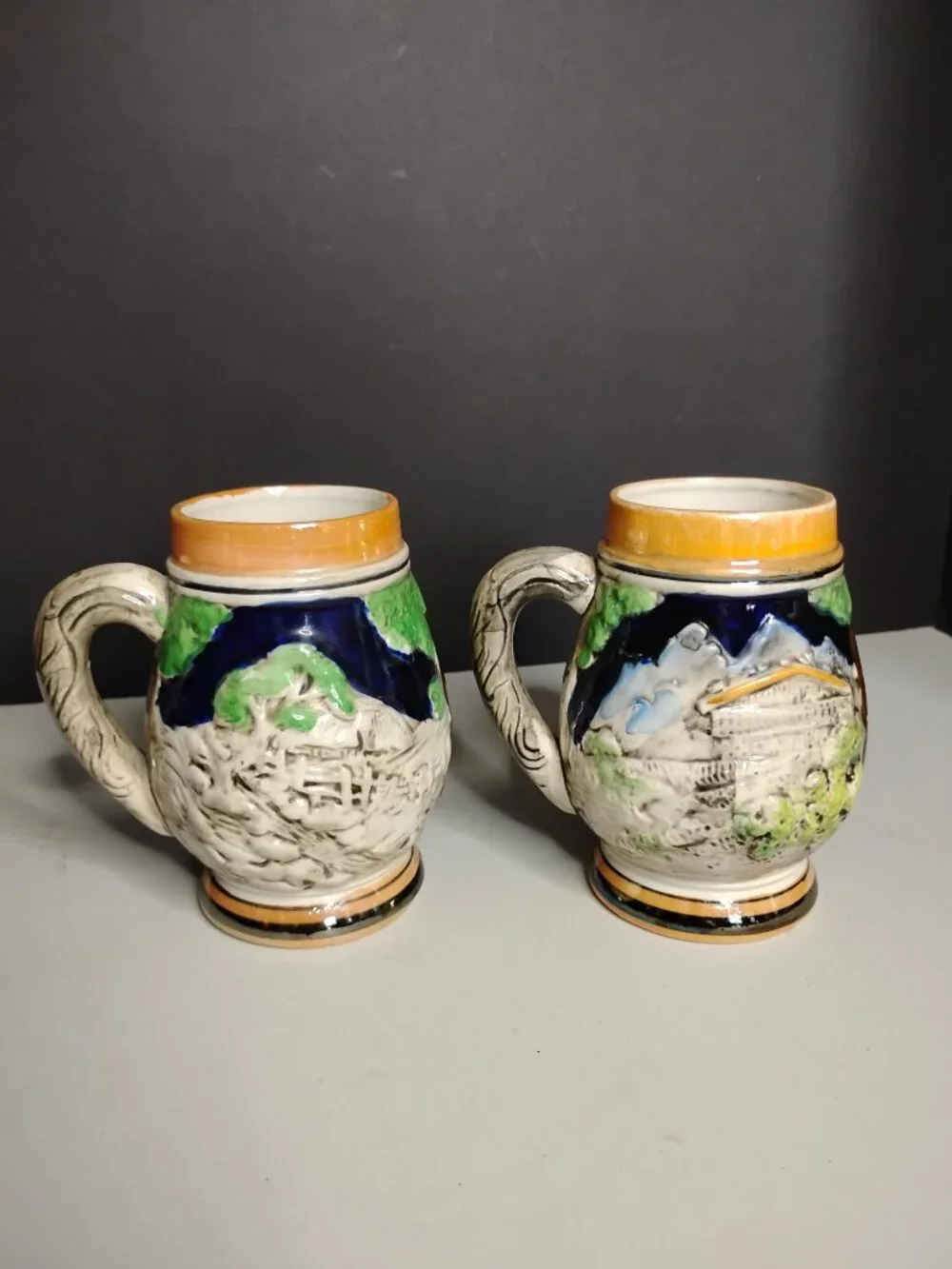Vintage 3D German Beer Stein Tavern Mugs Set of 2